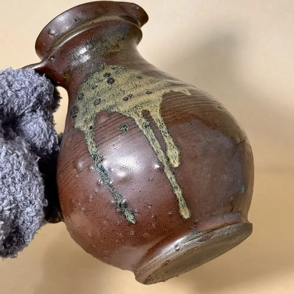 Vintage Japanese Onta Ware Handled Pottery Vase Brown Green Rustic Decor 6 in